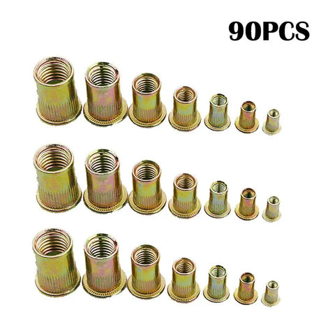 90 Piece Mixed Zinc Plated Carbon Steel Flat Head Rivet Nut Kit With M3 M4 M5 M6 M8 M10 Thread Sizes In Gold Finish