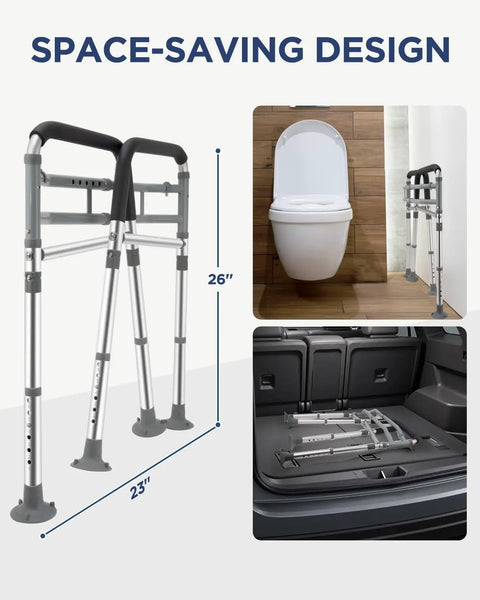 Adjustable Foldable Toilet Safety Rails For Seniors Handicap Users Straight Up Strong Aluminum Grab Bar, 26 inch height.