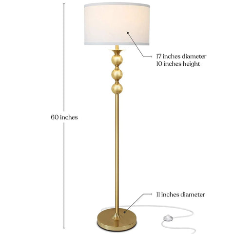 Riley 60 Inch Floor Lamp With Drum Shade In Gold Brass Finish For Living Room Or Bedroom Modern Standing Lamp With Boho Chic Mid Century Vibe And Elegant Corner Light For Office, showing dimensions and brass finish
