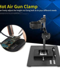 2 In 1 Hot Air Rework Stand With 65mm And 40mm Clamp, PCB Board Holder, showing adjustable clamps and SMD clip in use