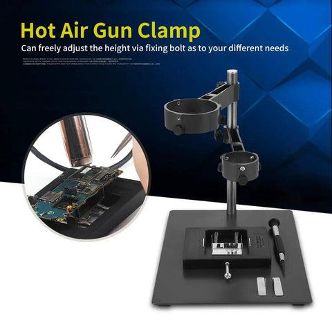 2 In 1 Hot Air Rework Stand With 65mm And 40mm Clamp, PCB Board Holder, showing adjustable clamps and SMD clip in use