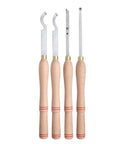 Four Piece Carbide Tipped Wood Turning Lathe Chisel Set With Straight Cutting And Curved Hollowing Blades, featuring beech handles and alloy shafts.