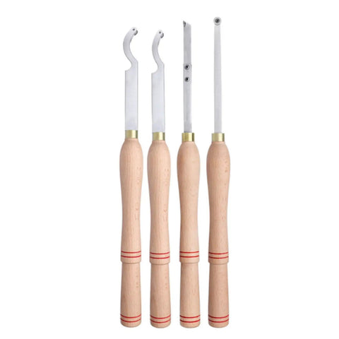 Four Piece Carbide Tipped Wood Turning Lathe Chisel Set With Straight Cutting And Curved Hollowing Blades, featuring beech handles and alloy shafts.