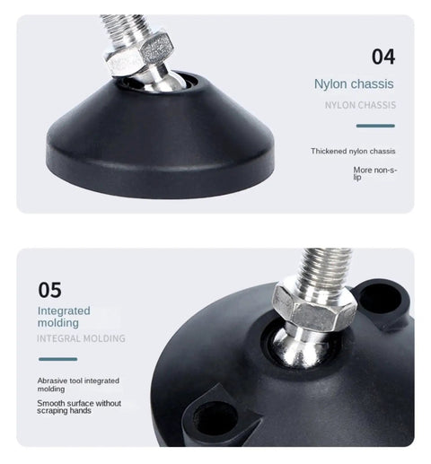 Rock Solid Heavy Duty Furniture Leveling Feet Four Pack Adjustable Articulating Threaded cabinet support glides close-up of nylon chassis and integrated molding design.