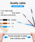 Illustration of a standard cable showing internal copper wires, cable length of 1.3m, and high tensile strength with good conductivity.