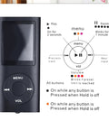Compact Portable MP3 Player With 1.8 Inch LCD Display Multifunction Music Player Earphones Included Built In Photo Video Player FM Radio Voice Recorder EBook Reader Aluminum Body Palm Size Black showing menu interface and buttons.