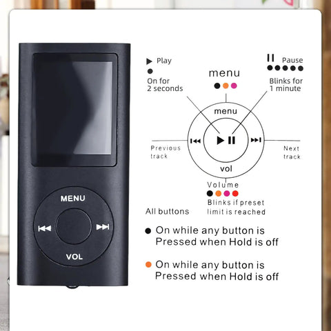 Compact Portable MP3 Player With 1.8 Inch LCD Display Multifunction Music Player Earphones Included Built In Photo Video Player FM Radio Voice Recorder EBook Reader Aluminum Body Palm Size Black showing menu interface and buttons.