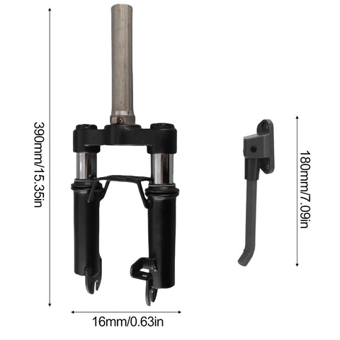 Front Suspension Fork For Electric Scooter With Shock Absorption Aluminum Alloy Construction Lightweight Easy Install Replacement Part; dimensions with 390mm height and 16mm width.