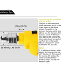Installation tips for Portable Floor Drill Press Stand With Aluminum Alloy Frame showing clamping part dimensions for electric drills.