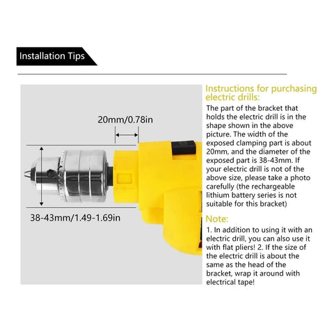 Installation tips for Portable Floor Drill Press Stand With Aluminum Alloy Frame showing clamping part dimensions for electric drills.