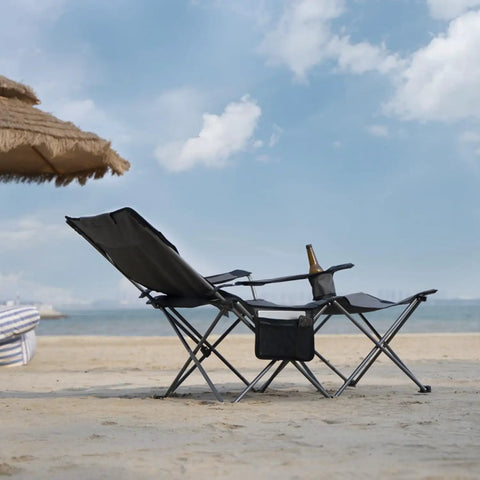 Comfy Reclining Beach Chair With Adjustable Backrest From Ninety To One Hundred Thirty Five Degrees, on sandy beach scene