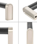 Close-up of knurled black and nickel cabinet pull handle, showing metal finish and texture. Knurled Black And Nickel Cabinet Pull Handle For Kitchen Cabinets And Dressers, One Piece Metal Pull With Eight Point Eight Inch Center To Center Spacing, Includes Twenty Five Mm And Thirty Eight Mm Screws For Various Board Thicknesses.