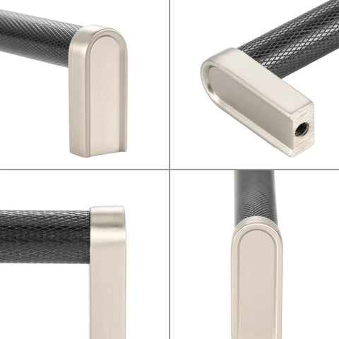 Close-up of knurled black and nickel cabinet pull handle, showing metal finish and texture. Knurled Black And Nickel Cabinet Pull Handle For Kitchen Cabinets And Dressers, One Piece Metal Pull With Eight Point Eight Inch Center To Center Spacing, Includes Twenty Five Mm And Thirty Eight Mm Screws For Various Board Thicknesses.