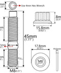 Technical diagram of M8 x 1.25 pitch 45mm stud from Beefy Titanium Exhaust Manifold Bolt Kit with hex dimensions and measurements