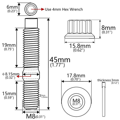 Technical diagram of M8 x 1.25 pitch 45mm stud from Beefy Titanium Exhaust Manifold Bolt Kit with hex dimensions and measurements