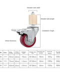 Diagram of Four 3 Inch Red Stainless Steel Furniture Caster Wheels With Brakes Universal Stem 30 mm Square Tube For Smooth Roll Mobility