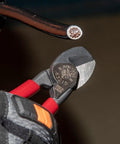 Close-up of Sleek Six Point Five Inch Compact Cable Cutter Featuring High Leverage Action for precise aluminum wire snipping.