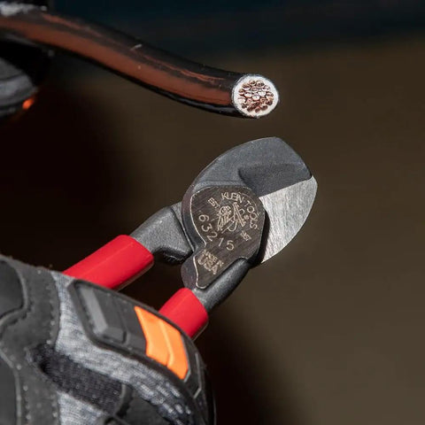 Close-up of Sleek Six Point Five Inch Compact Cable Cutter Featuring High Leverage Action for precise aluminum wire snipping.