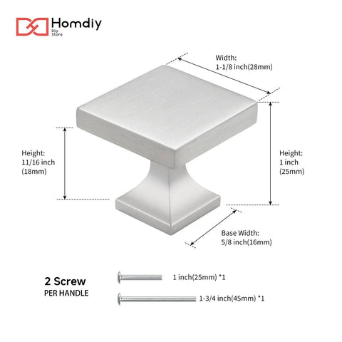 Ten Pack Brushed Nickel Square Cabinet Knobs For Dresser Drawers Zinc Alloy Construction Length One And One Tenth Inch Projection Three Quarters Inch Silver MO6785SNB Kitchen Cabinet Knobs Modern Style with dimensions shown.