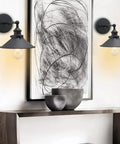 Industrial Wall Sconce Set With Vintage Vibe, 1 Light, Black Metal Shade, 8.1 Inch Diameter, E26 Base, Installed in Living Room