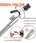 Close-up of alligator clips on nickel-plated flexible arm from Soldering Third Hand Tool with Tabletop Clamp, electronics repair tool.