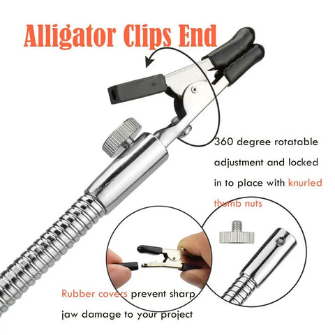 Close-up of alligator clips on nickel-plated flexible arm from Soldering Third Hand Tool with Tabletop Clamp, electronics repair tool.