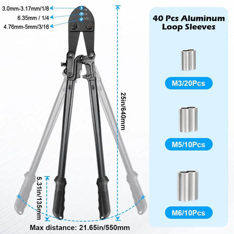 Wire Rope Crimping Tool 25 Inch Go-To Heavy Duty Hand Swaging Tool With 40 Aluminum Loop Sleeves Three Cavity Cable Crimping Tool For One Eighth To One Quarter Inch Aluminum Oval Sleeves And Double Sleeves