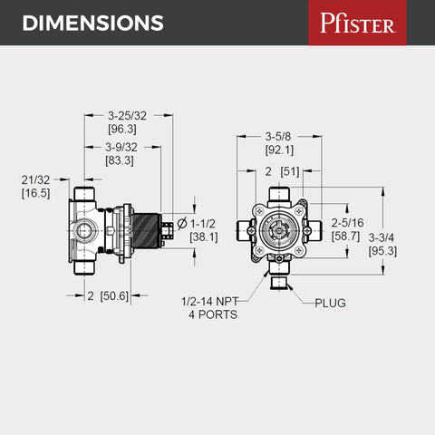 Technical diagram of 0X8-310A PermaBalance Single Control Tub And Shower Rough In Valve Brass with dimensions labeled.