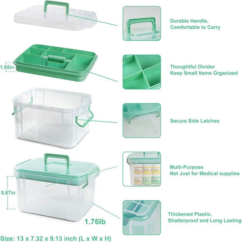 15 Qt Clear Medicine Organizer With Tray And Lids Thickened Plastic First Aid Box showing dividers, handles, and secure latches