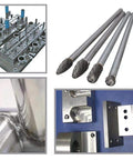 Long Shank Tungsten Carbide Burr Set Four Piece Die Grinder Bits Six Inch Total Length, Durable Metalworking Burrs For Cast Iron Cast Steel Stainless Steel Mold Making And Deburring displayed with metalworking examples.