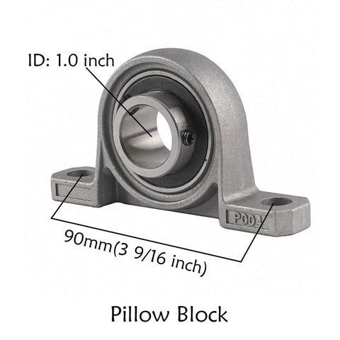Pillow block bearing with labeled dimensions: 1.0 inch ID and 90mm (3 9/16 inch) length, metal construction
