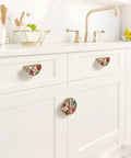 Two Pack Dope Gold Semicircle Cabinet Pulls With 3 Inch Hole Center, Vintage Floral Art Drawer Handles on a white kitchen cabinet