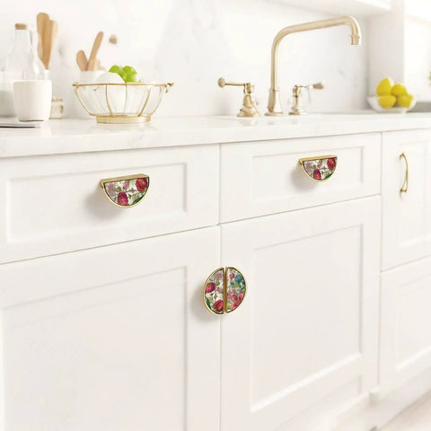 Two Pack Dope Gold Semicircle Cabinet Pulls With 3 Inch Hole Center, Vintage Floral Art Drawer Handles on a white kitchen cabinet