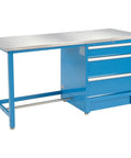 Badass Heavy Duty Modular Workbench 72 Wide X 30 Deep With 3 Lockable Drawers All Welded Steel Build showing blue steel finish and drawers.