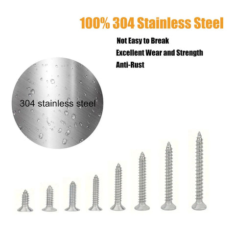 All Purpose Stainless Steel Wood Screws Set 420 PC Assortment Kit with focus on corrosion-resistant 304 material