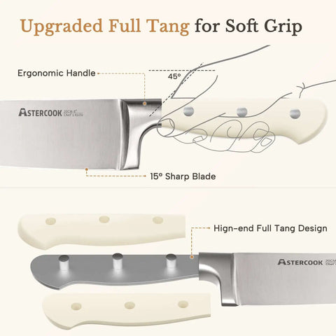 Close-up of 14 Piece Full Tang Kitchen Knife Set With Wood Block Sharpener showing ergonomic handle and high-carbon stainless steel blade.