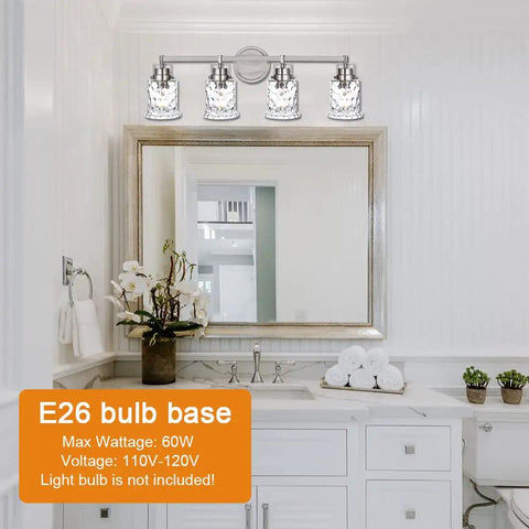 4 Light Vanity Lights In Brushed Nickel Finish With Hammered Glass Shades installed over bathroom mirror; E26 bulb base detail