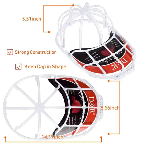 Two white hat washer cages showing dimensions, compatible with Three Pack Hat Washer Cage For Washing Machine And Dishwasher Cap Cleaner Frame With Secure Double Hook Keeps Baseball Caps In Shape And Safe On Laundry And Appliances.