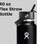 40 Oz Insulated Stainless Steel Water Bottle With Wide Mouth And Leakproof Straw Cap No Spill Flip Lid Double Wall Keeps Drinks Cold Up To 24 Hours Black Finish Easy Carry Handle