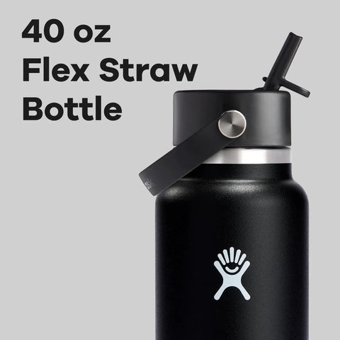 40 Oz Insulated Stainless Steel Water Bottle With Wide Mouth And Leakproof Straw Cap No Spill Flip Lid Double Wall Keeps Drinks Cold Up To 24 Hours Black Finish Easy Carry Handle
