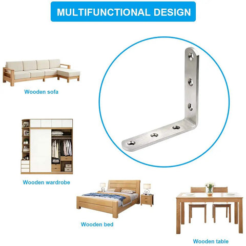 Heavy Duty Stainless Steel L Brackets 8 Pack Tough As Nails Corner Brace For Wood Furniture Right Angle Support Assembly With Premium Mounting Screws Included next to sofa, wardrobe, bed, and table.