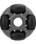 Front view of a 48mm omni-directional nylon wheel with four black rollers and central mounting hole