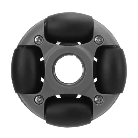 Front view of a 48mm omni-directional nylon wheel with four black rollers and central mounting hole