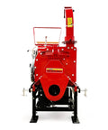 Front view of 8 Inch PTO Wood Chipper With Hydraulic Infeed Red Heavy Duty Yard Debris Chipping Machine, built to last for farms and landscaping.