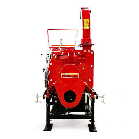 Front view of 8 Inch PTO Wood Chipper With Hydraulic Infeed Red Heavy Duty Yard Debris Chipping Machine, built to last for farms and landscaping.