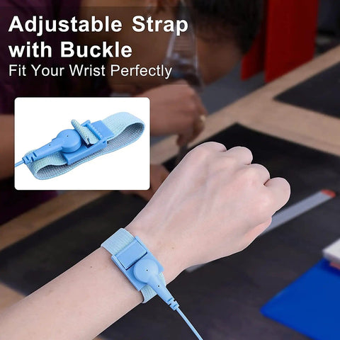 Adjustable anti-static wrist strap with buckle for grounding outlet plug with anti-static wrist strap and grounding wire for ESD safe computer work.