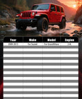 Red SUV driving through water with table showing Suzuki GrandVitara 2009-2013 compatibility, 2.4L engine specification.