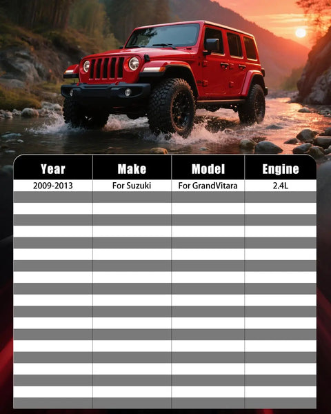 Red SUV driving through water with table showing Suzuki GrandVitara 2009-2013 compatibility, 2.4L engine specification.