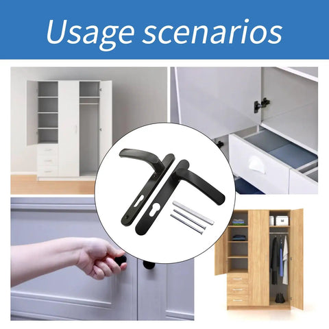 Usage scenarios for Aluminum Alloy Room Door Handle Panel Long Plate Lever Set with replacement hardware shown in various interiors.