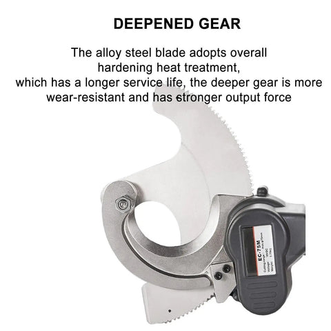 Close-up of the Beast Mode Rechargeable Ratchet Cable Cutter for Copper Aluminum and Armored Cables Up to 95mm with gear mechanism.